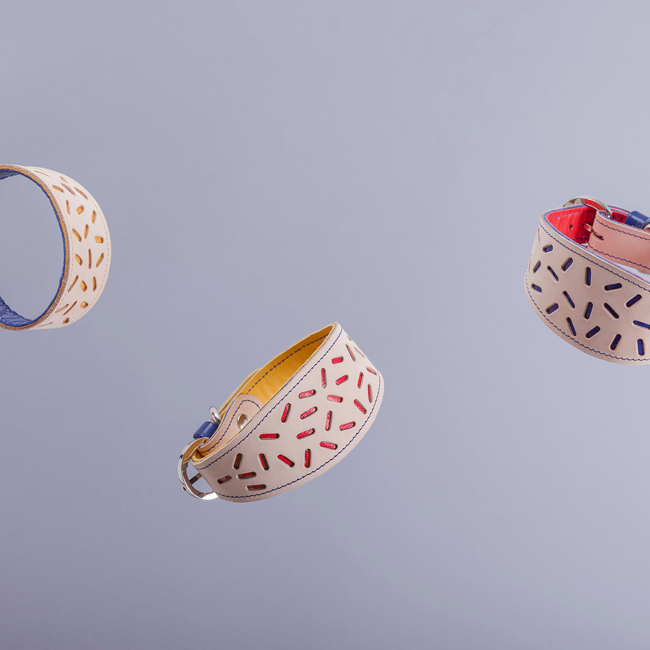 The Bauhaus Greyhound Collar available in 3 colorways: Yellow, Red and Blue